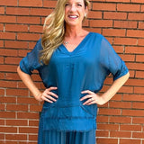 Made in Italy VNeck Silk Tunic with Ruffle Hem in Teal at ooh la la! in Grapevine TX 76051