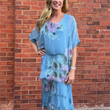 Floral Short Sleeve Silk Ruffle Dress