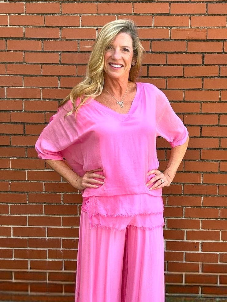 Made in Italy VNeck Silk Tunic with Ruffle Hem in Hot Pink at ooh la la! in Grapevine TX 76051