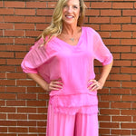Made in Italy VNeck Silk Tunic with Ruffle Hem in Hot Pink at ooh la la! in Grapevine TX 76051