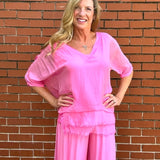 Made in Italy VNeck Silk Tunic with Ruffle Hem in Hot Pink at ooh la la! in Grapevine TX 76051