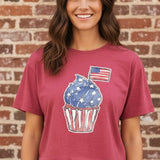 Americana crop top, vintage wash tee, cupcake graphic t-shirt, 4th of July outfit, women's cropped shirt, patriotic summer apparel, nostalgic fashion, red white and blue top. at ooh la la in Grapevine TX 76051