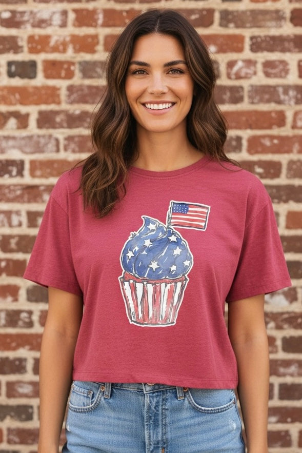 Americana crop top, vintage wash tee, cupcake graphic t-shirt, 4th of July outfit, women's cropped shirt, patriotic summer apparel, nostalgic fashion, red white and blue top. at ooh la la in Grapevine TX 76051