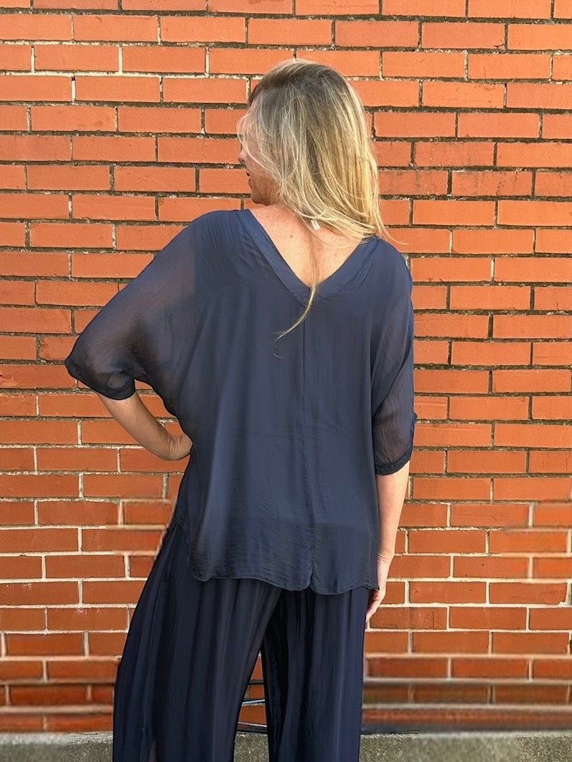 Made in Italy VNeck Silk Tunic with Ruffle Hem in Navy at ooh la la! in Grapevine TX 76051