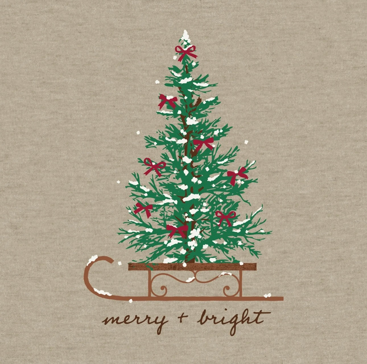 Decorative Christmas tree with red bows on a beige background with 'merry + bright' text.