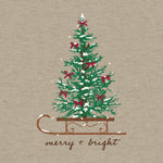 Decorative Christmas tree with red bows on a beige background with 'merry + bright' text.