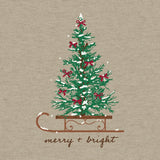 Decorative Christmas tree with red bows on a beige background with 'merry + bright' text.