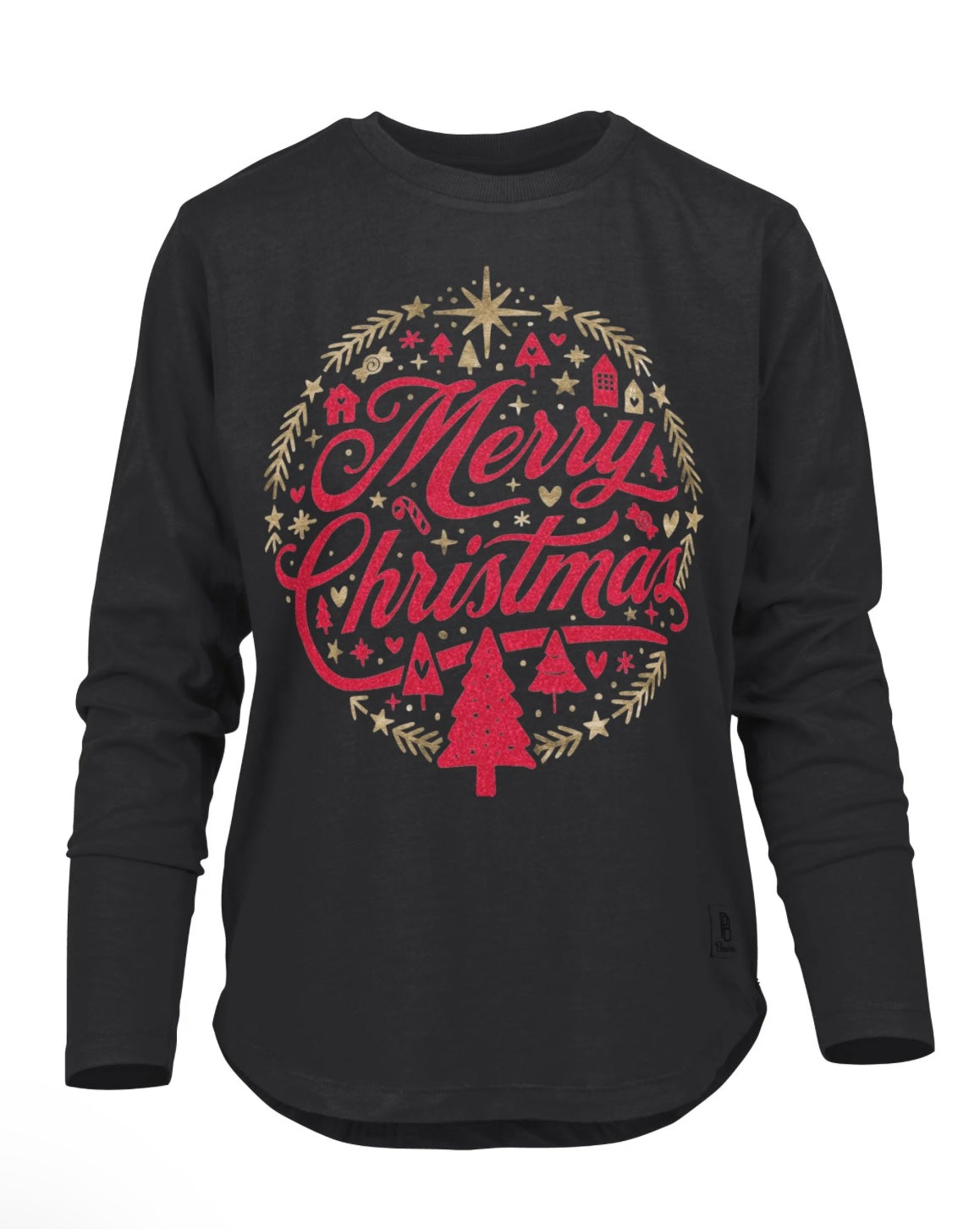 Christmastime Glitter Print Long Sleeve Tee in black at ooh la la! in Grapevine TX 76051