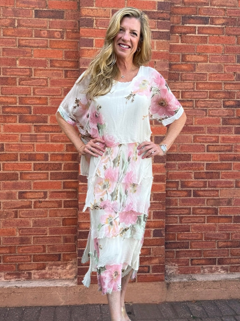 Floral Short Sleeve Silk Ruffle Dress