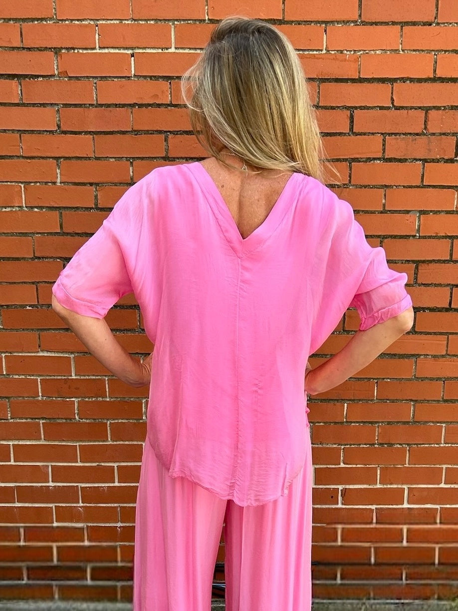 Made in Italy VNeck Silk Tunic with Ruffle Hem in Hot Pink at ooh la la! in Grapevine TX 76051