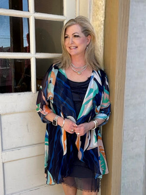 Portici Abstract Silk Cardigan in Navy at ooh la la! in Grapevine TX 76051