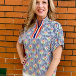 floral stripe print, split neck blouse, women top, versatile blouse, dressy casual top at ooh la la! in Grapevine TX 76051