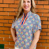 floral stripe print, split neck blouse, women top, versatile blouse, dressy casual top at ooh la la! in Grapevine TX 76051
