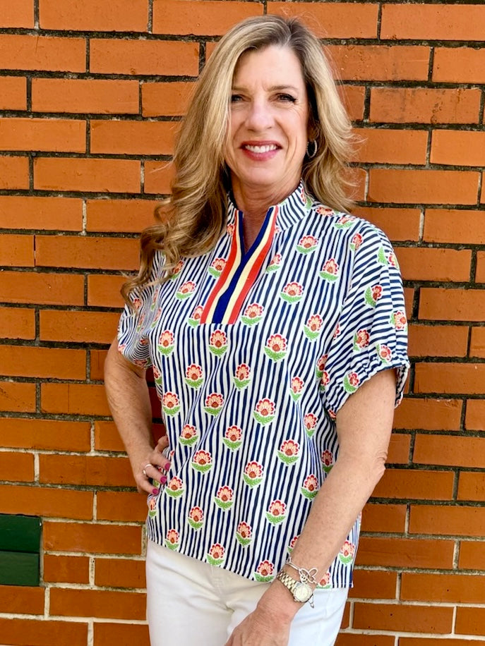 floral stripe print, split neck blouse, women top, versatile blouse, dressy casual top at ooh la la! in Grapevine TX 76051