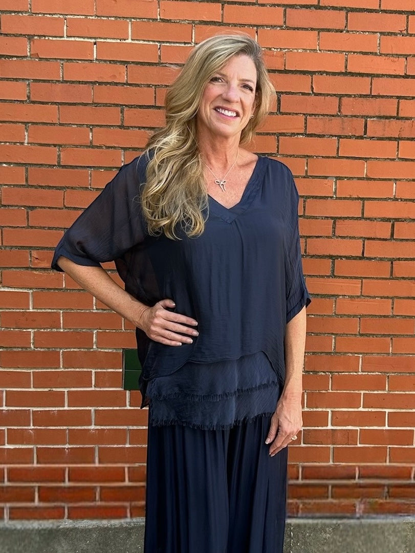 Made in Italy VNeck Silk Tunic with Ruffle Hem in Navy at ooh la la! in Grapevine TX 76051