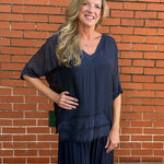 Made in Italy VNeck Silk Tunic with Ruffle Hem in Navy at ooh la la! in Grapevine TX 76051
