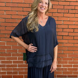 Made in Italy VNeck Silk Tunic with Ruffle Hem in Navy at ooh la la! in Grapevine TX 76051