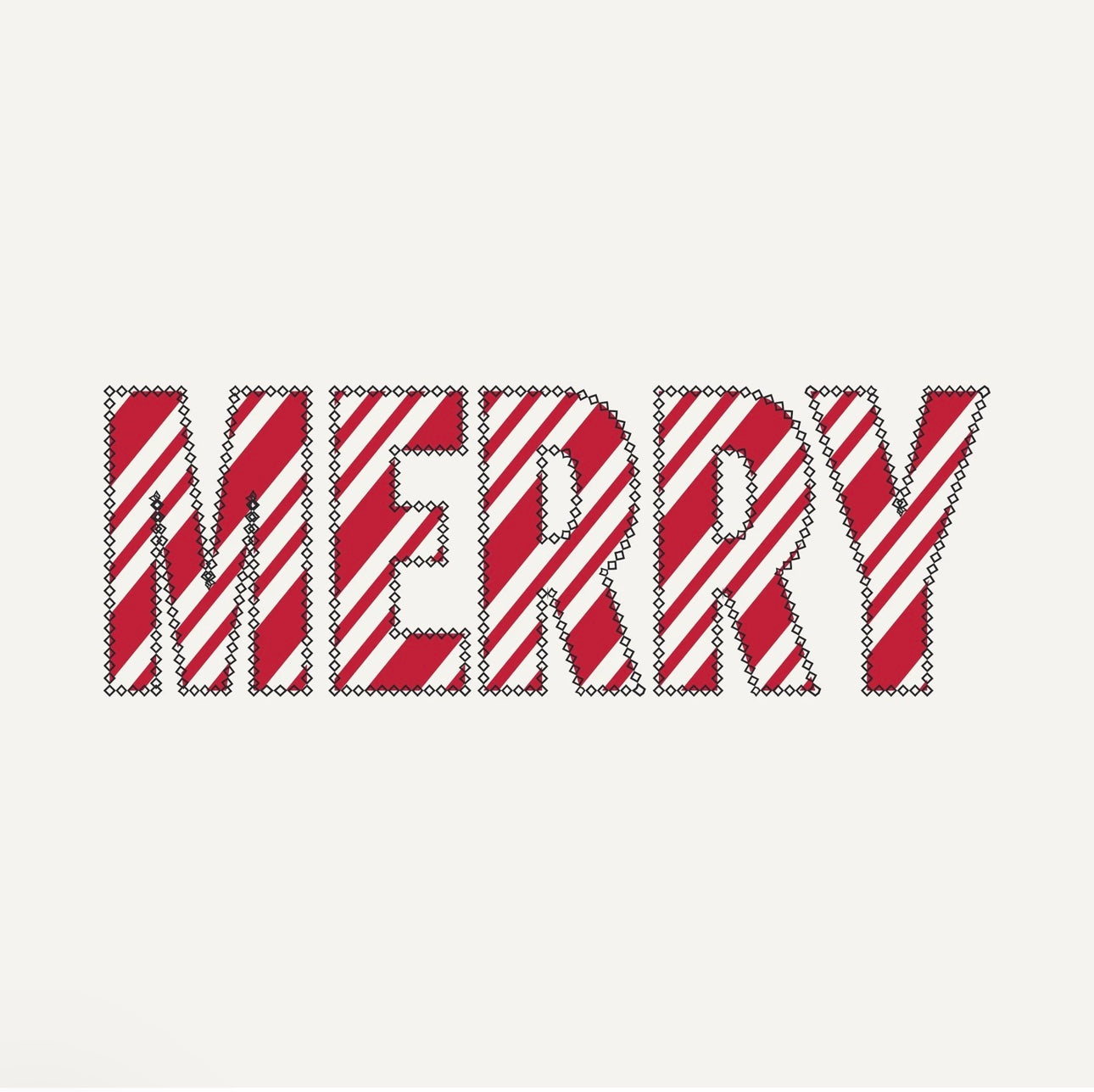 Red and white striped candy cane pattern spelling 'MERRY' on a light gray background
