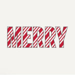 Red and white striped candy cane pattern spelling 'MERRY' on a light gray background