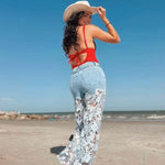 High Rise Wide Leg Lace Denim Jeans With Rhinestones in blue at ooh la la! in Grapevine TX 76051