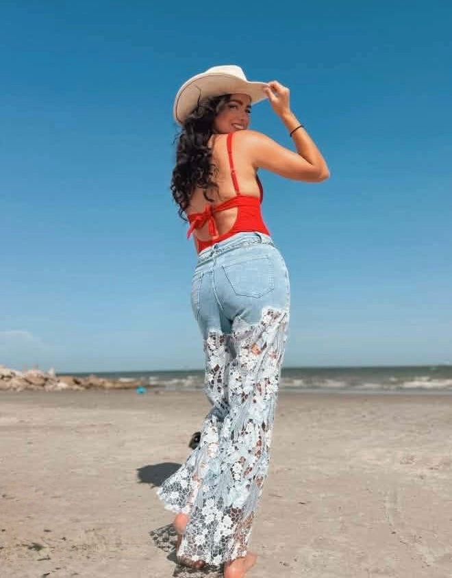 High Rise Wide Leg Lace Denim Jeans With Rhinestones in blue at ooh la la! in Grapevine TX 76051