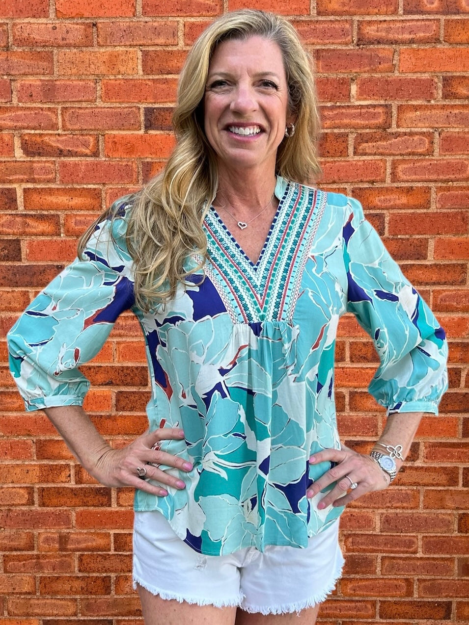 Olive Hill Embroidered Wide V Floral Top at ooh la la! in Grapevine TX 76051