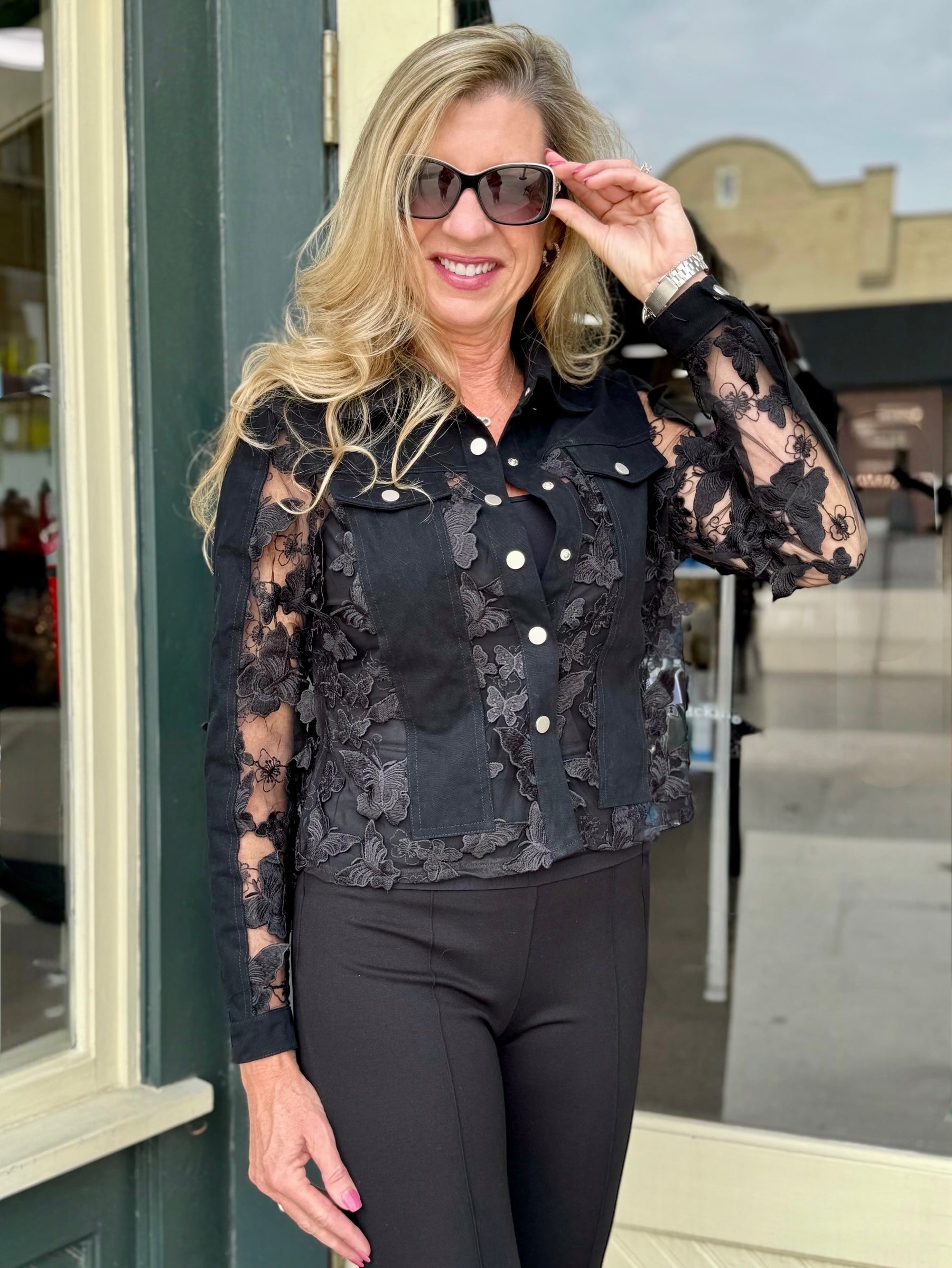 Adore Black Denim & Lace Butterfly Applique Jacket at ooh la la! in Grapevine TX 76051