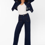Velvet Heart Gia dark blue wide-leg jeans with brown leather trim and matching denim jacket