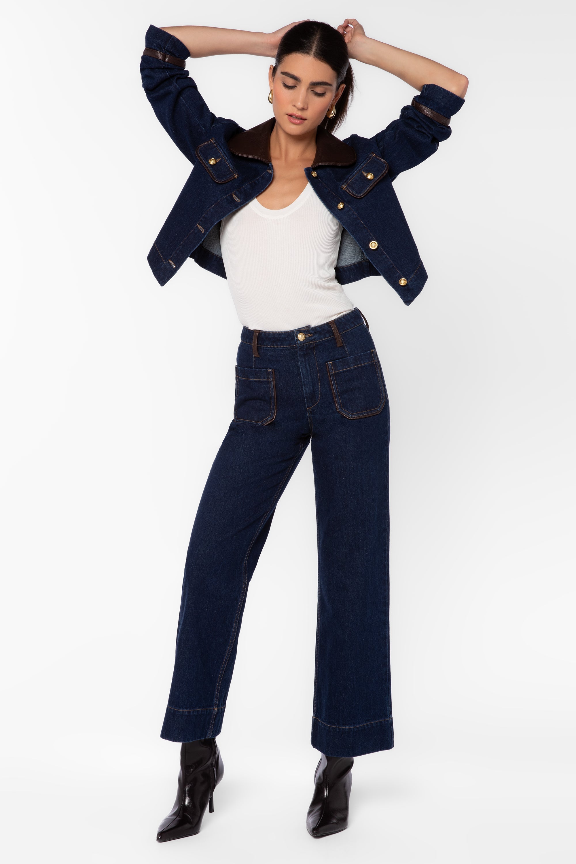 Velvet Heart Gia dark blue wide-leg jeans with brown leather trim and matching denim jacket