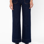 Velvet Heart Gia dark blue wide-leg jeans with brown leather trim and patch pockets