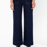 Velvet Heart Gia dark blue wide-leg jeans with brown leather trim and patch pockets
