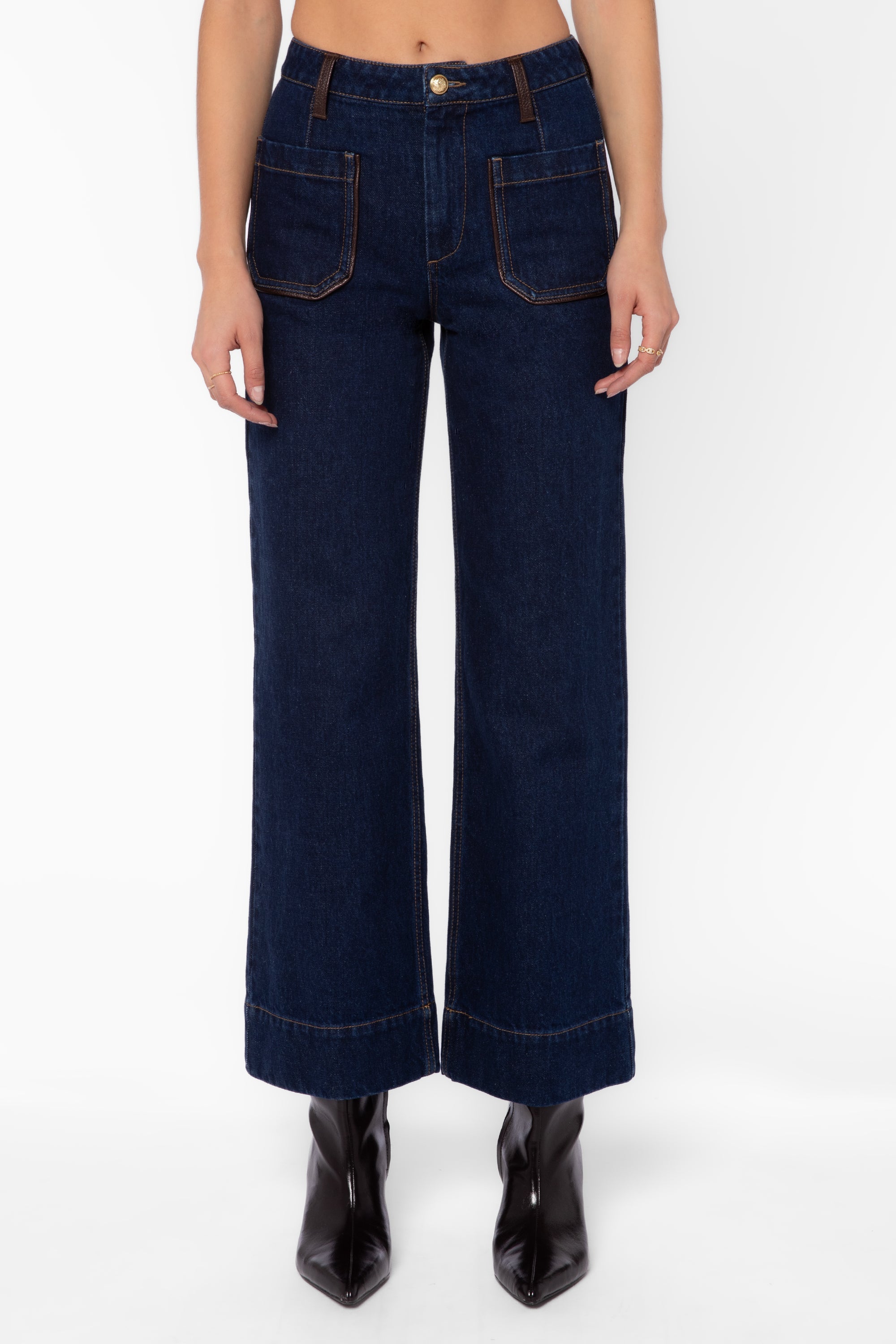 Velvet Heart Gia dark blue wide-leg jeans with brown leather trim and patch pockets