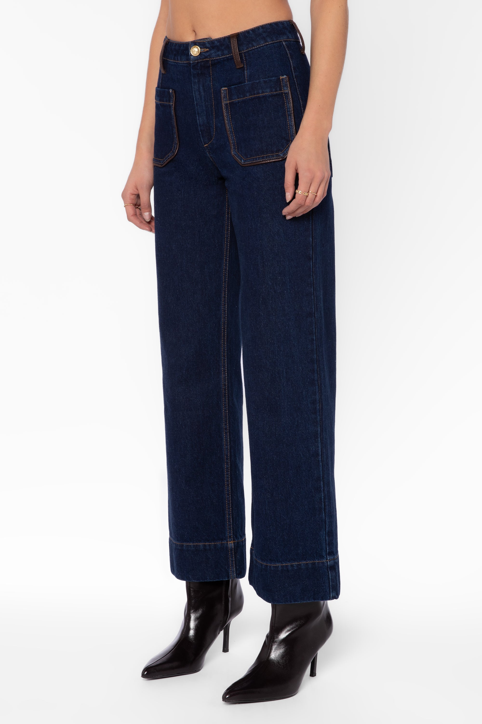 Velvet Heart Gia dark blue wide-leg jeans with leather trim and patch pockets