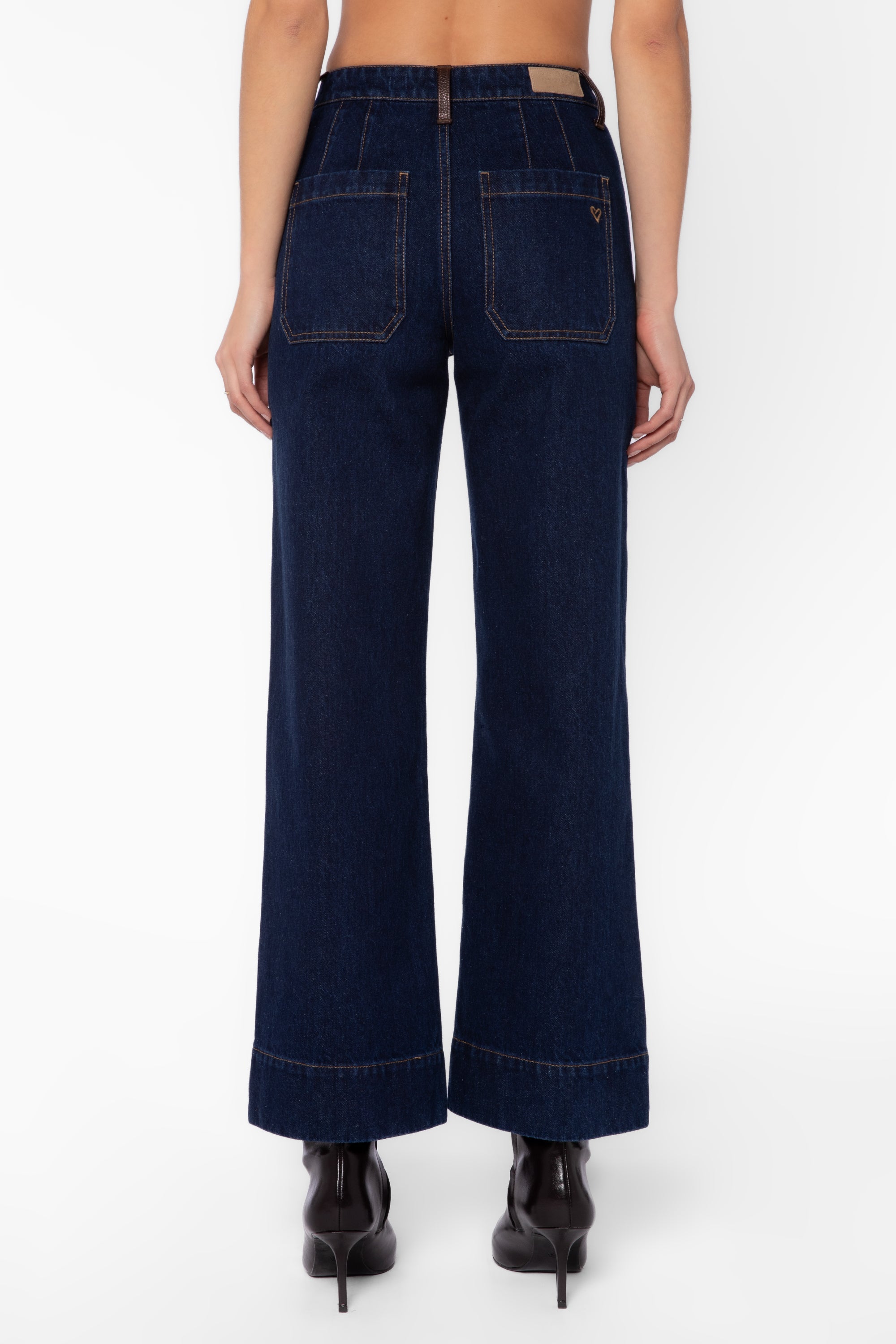 Velvet Heart Gia dark blue wide-leg jeans with leather trim, back view on model