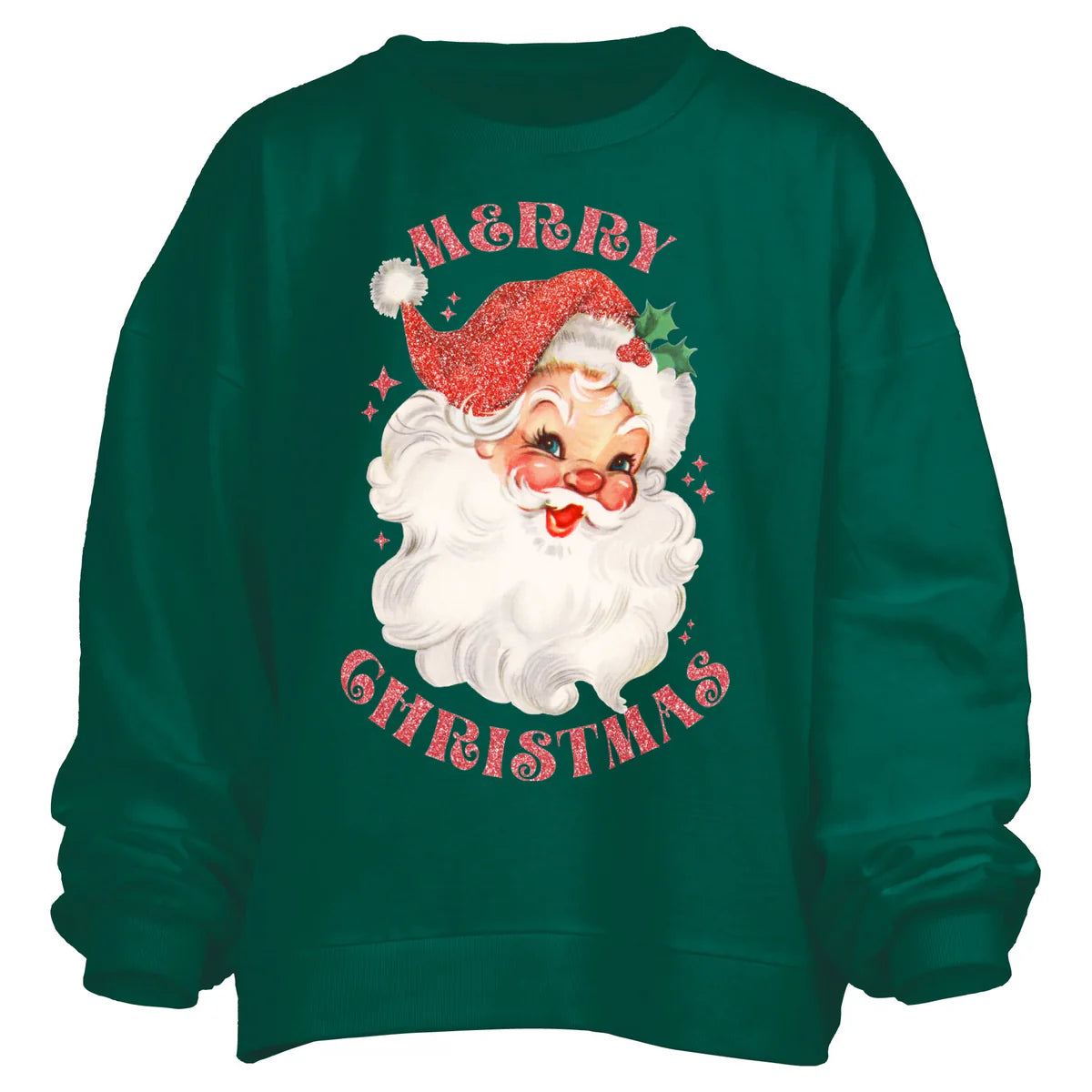 Glitter Santa Sweatshirt in green at ooh la la! in Grapevine TX 76051