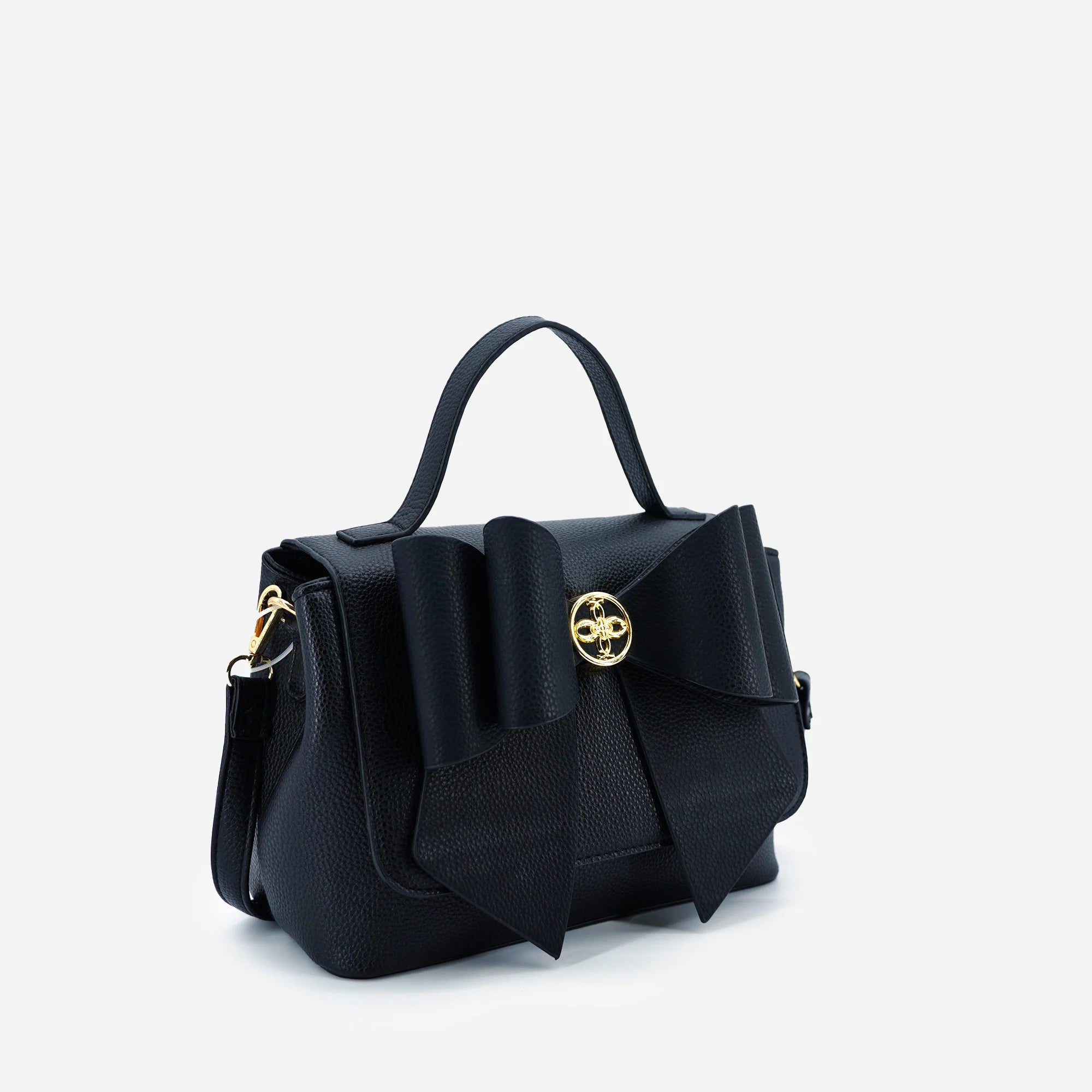 Vegan leather crossbody in black, bow satchel bag, designer vegan handbags, women's spring purses, bow front handbag, gold hardware crossbody, eco-friendly satchel, Zoey bag.
ooh la la! in Grapevine TX 76051
