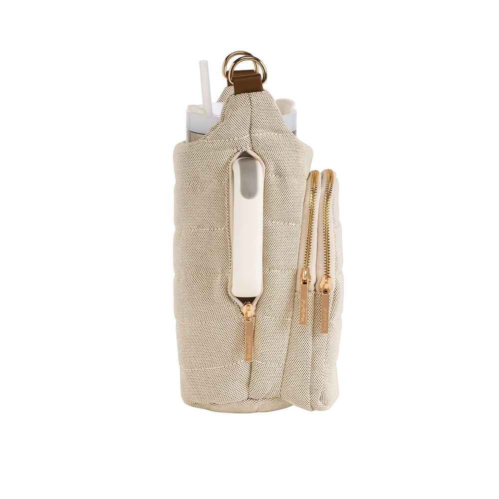 Wanderfull HydroBag Handle in dark oatmeal canvas with gold zippers and tan strap