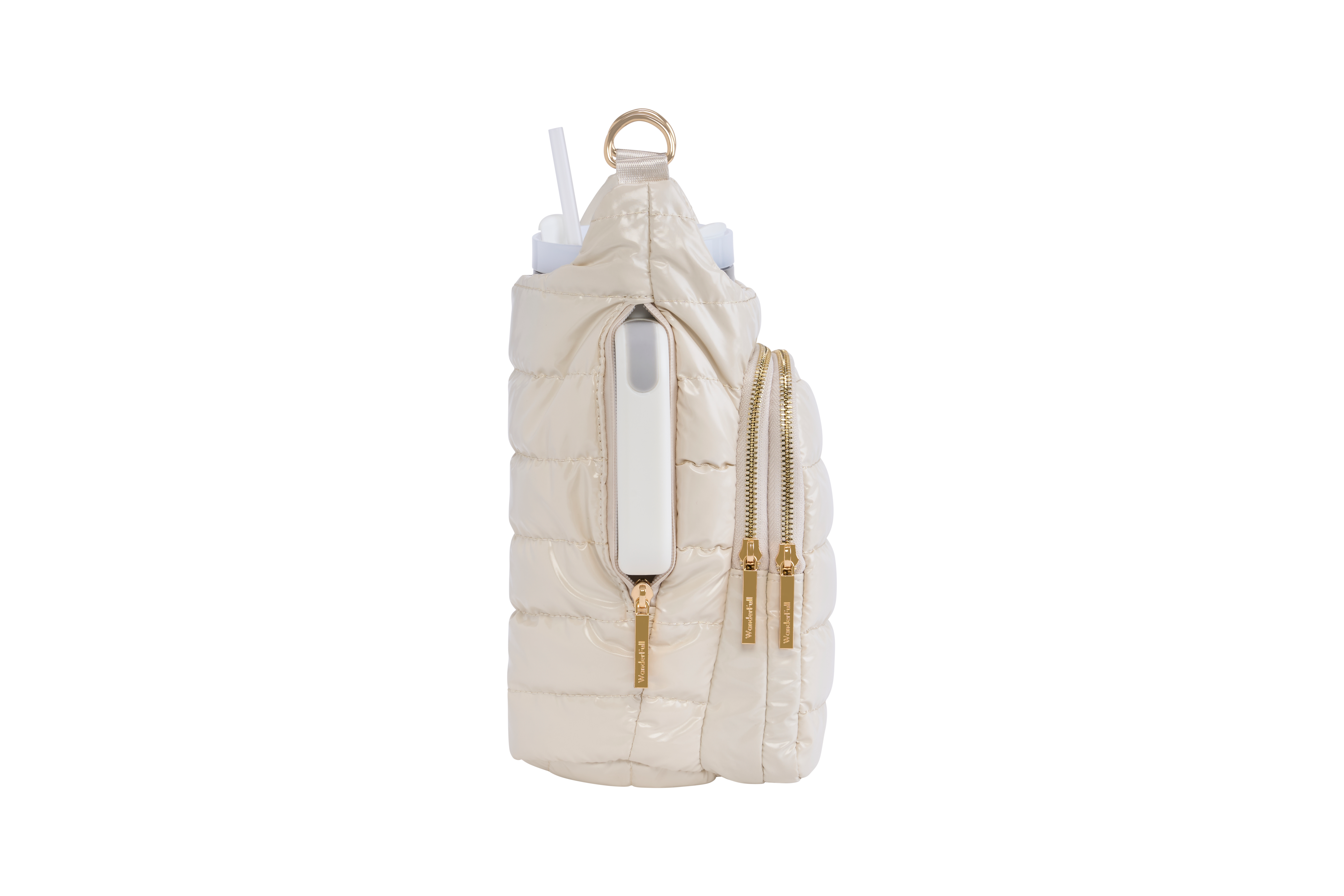 Wanderfull HydroBag HANDLE in ivory lacquer with gold zippers and ring handle