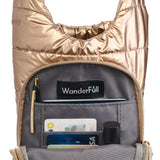 WanderFull Gold Shiny HydroBag open interior showing organized pockets with cards and pen