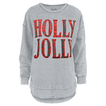 Light heather gray long-sleeve sweatshirt with a rounded, raw-edge hem. The front graphic features the text "HOLLY JOLLY" in large, bold block letters filled with a classic red and green tartan plaid pattern.