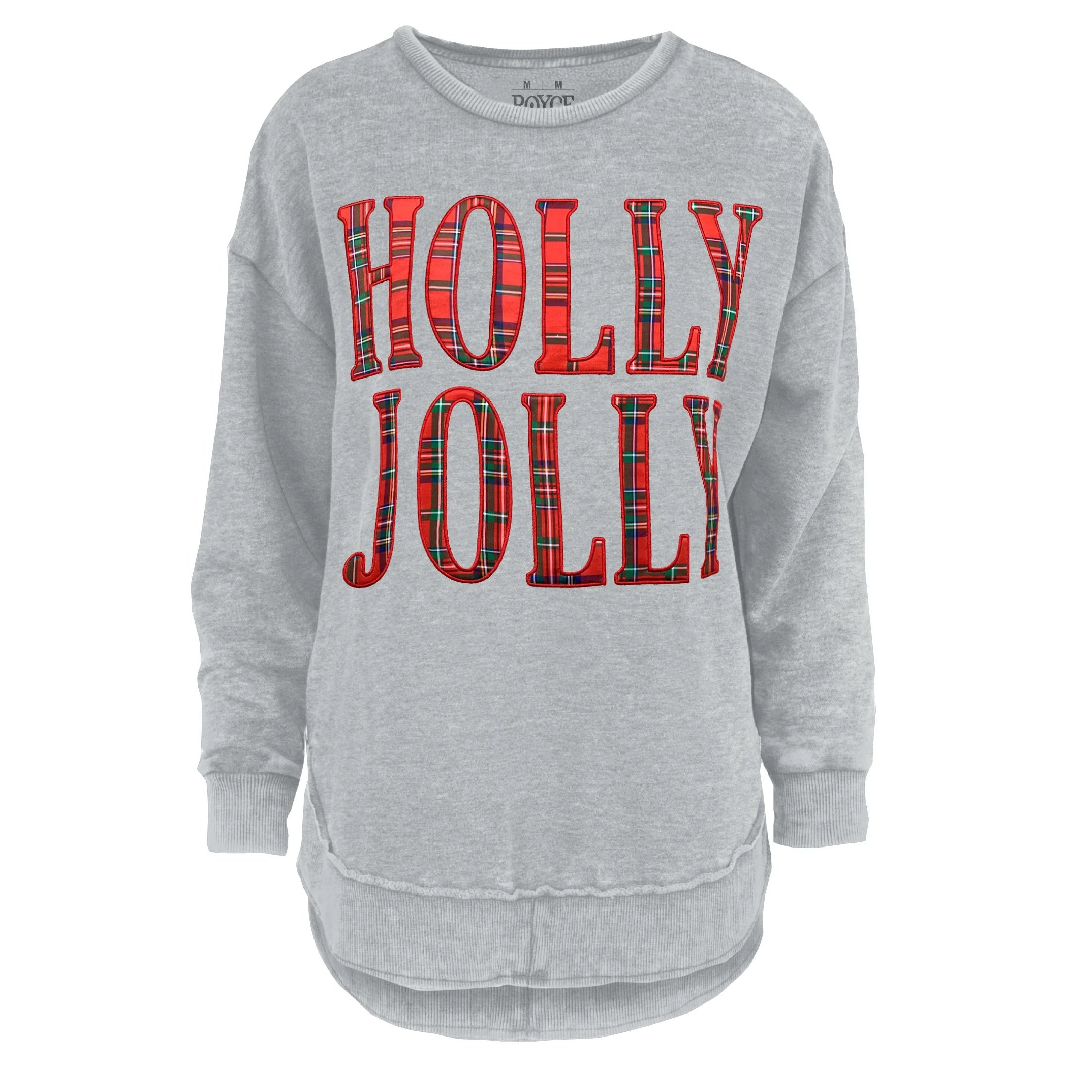 Light heather gray long-sleeve sweatshirt with a rounded, raw-edge hem. The front graphic features the text "HOLLY JOLLY" in large, bold block letters filled with a classic red and green tartan plaid pattern.