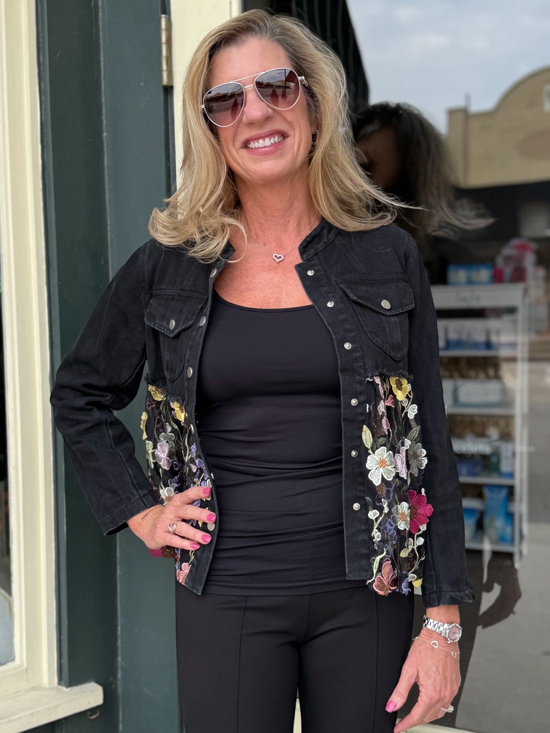 Adore Denim Babydoll Jacket with Mesh Floral Embroidery at ooh la la! in Grapevine TX 76051