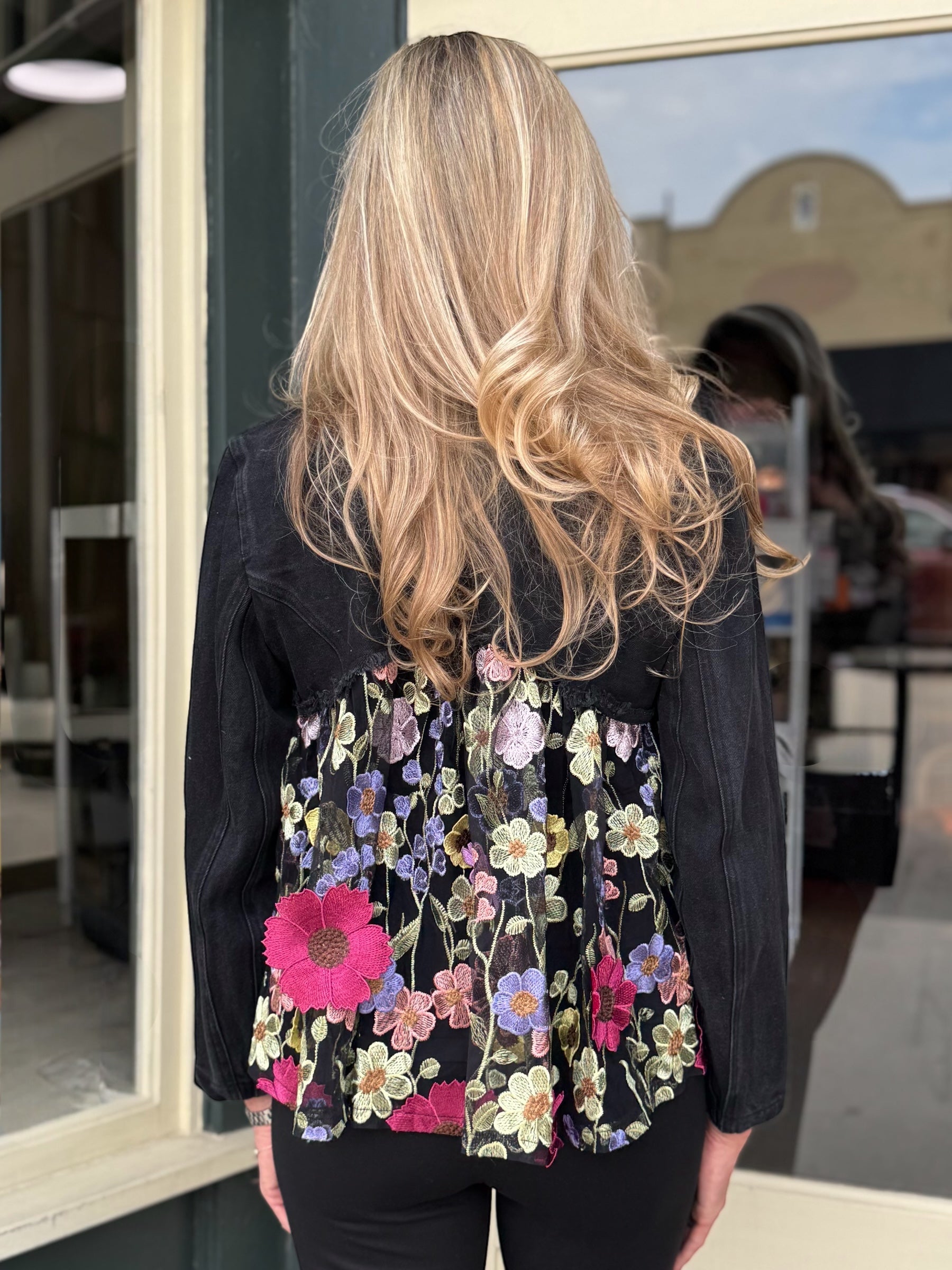 Adore Denim Babydoll Jacket with Mesh Floral Embroidery at ooh la la! in Grapevine TX 76051