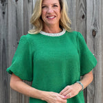 Pearl Trim Short Puff Sleeve Tweed Top in green at ooh la la! in grapevine TX 76051