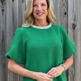 Pearl Trim Short Puff Sleeve Tweed Top in green at ooh la la! in grapevine TX 76051