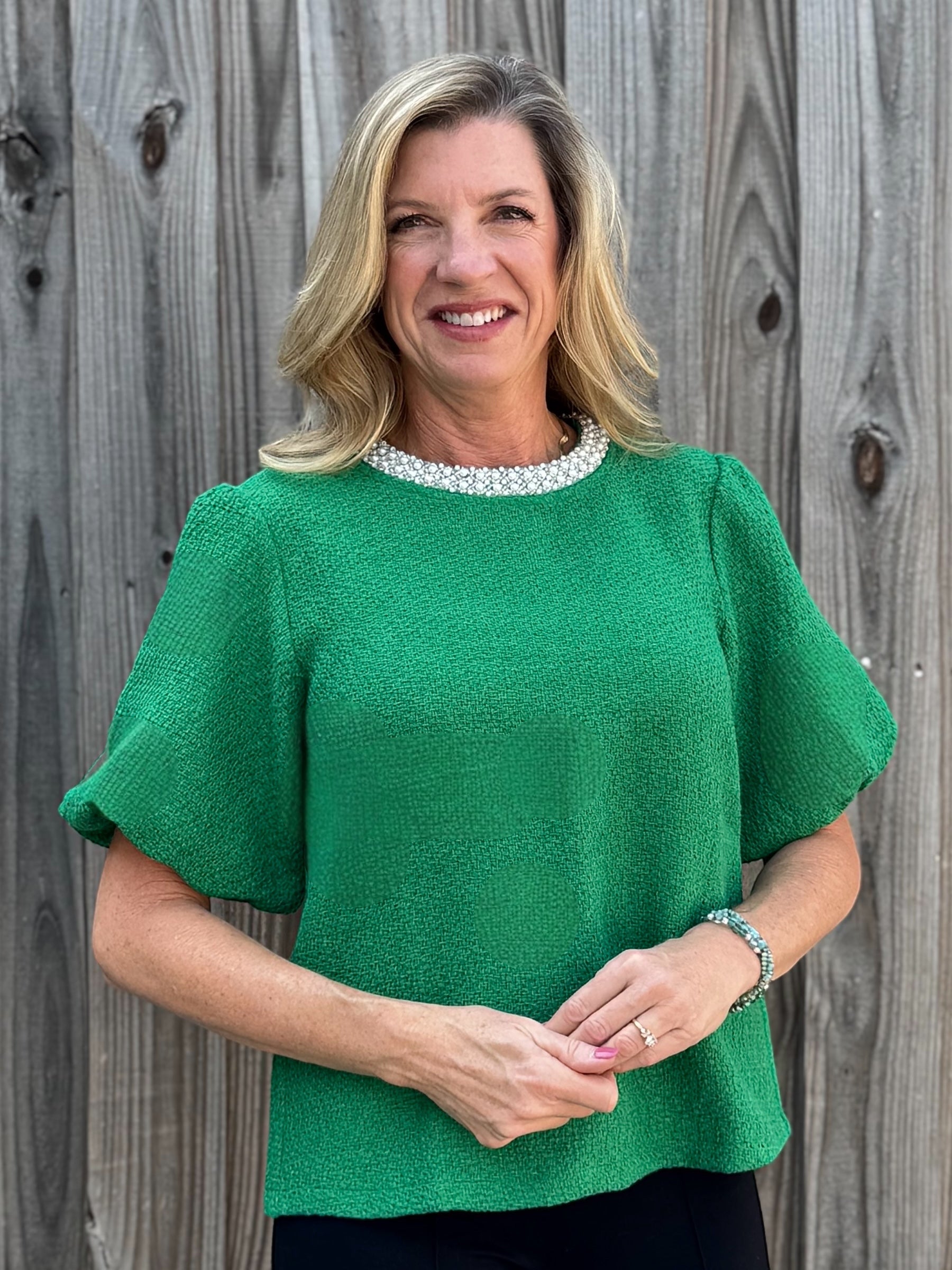 Pearl Trim Short Puff Sleeve Tweed Top in green at ooh la la! in grapevine TX 76051