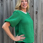 Pearl Trim Short Puff Sleeve Tweed Top in green at ooh la la! in grapevine TX 76051
