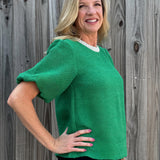 Pearl Trim Short Puff Sleeve Tweed Top in green at ooh la la! in grapevine TX 76051