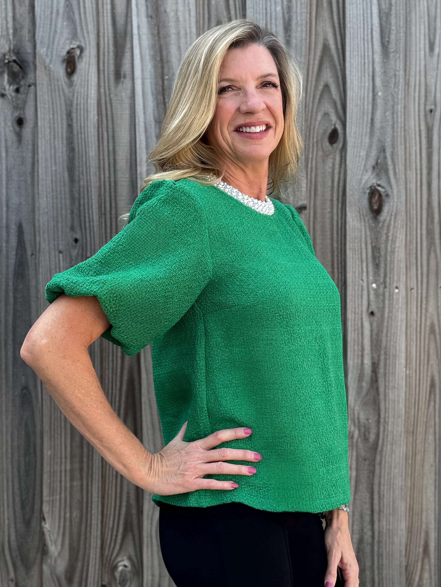 Pearl Trim Short Puff Sleeve Tweed Top in green at ooh la la! in grapevine TX 76051
