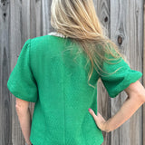 Pearl Trim Short Puff Sleeve Tweed Top in green at ooh la la! in grapevine TX 76051